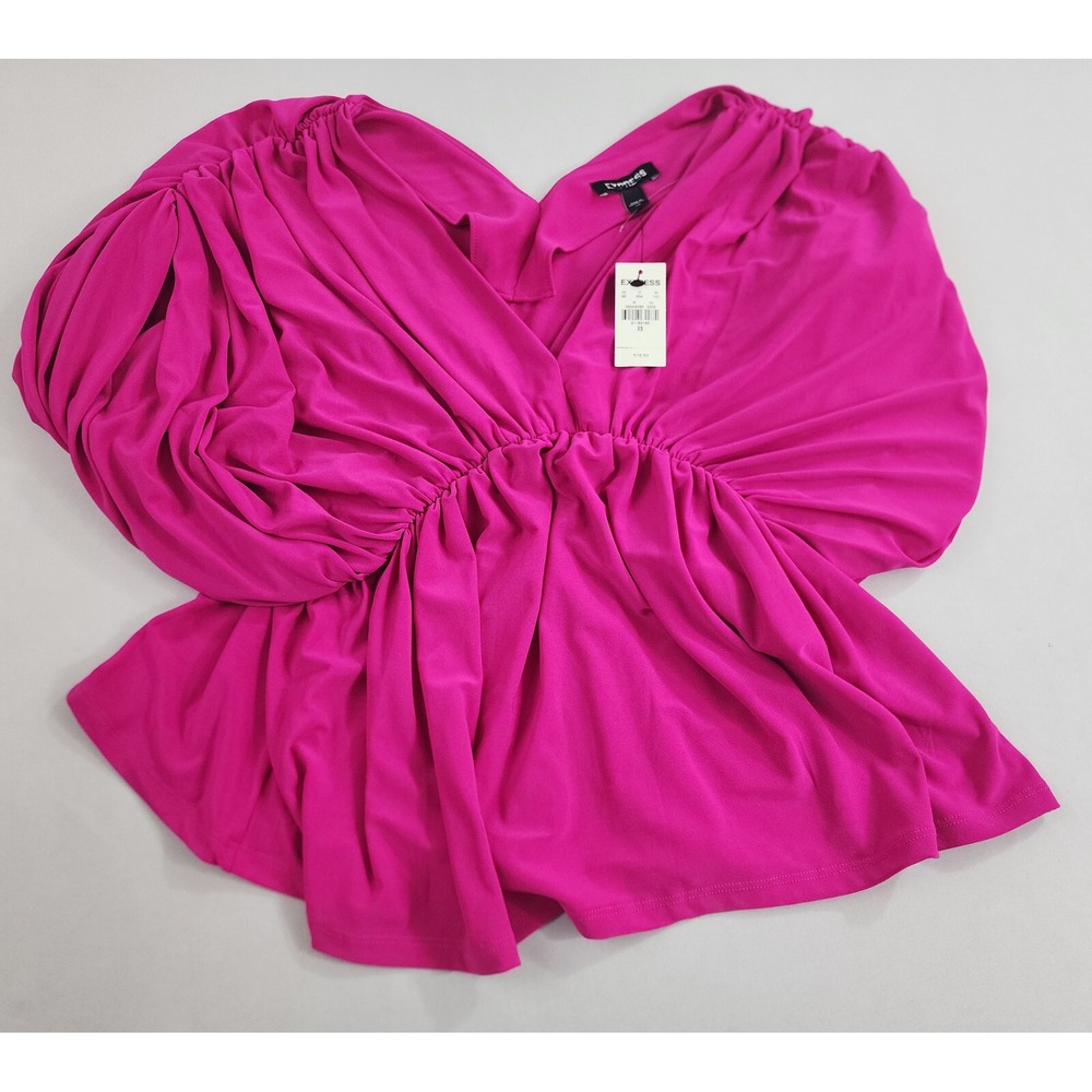 Express Blouse Womens XS Pink Magenta V-Neck Ruched Short Sleeve Top 31183185